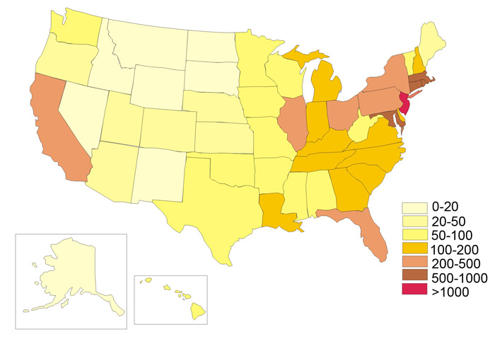 Карта плотности населения США, густота жителей по штатам